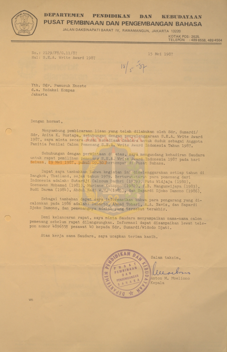 Surat untuk Pamusuk Eneste dari Anton M. Moeliono (15 Mei 1987)