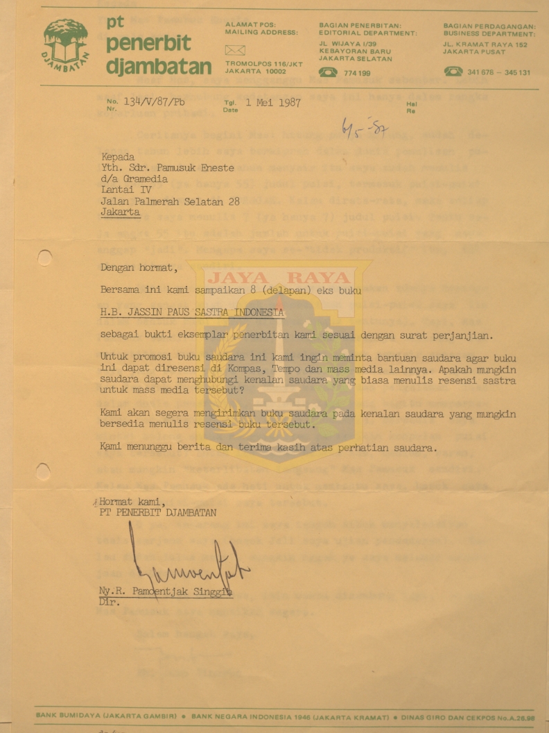 Surat untuk Pamusuk Eneste dari Ny.R. Pamoentjak Singgih (1 Mei 1987)