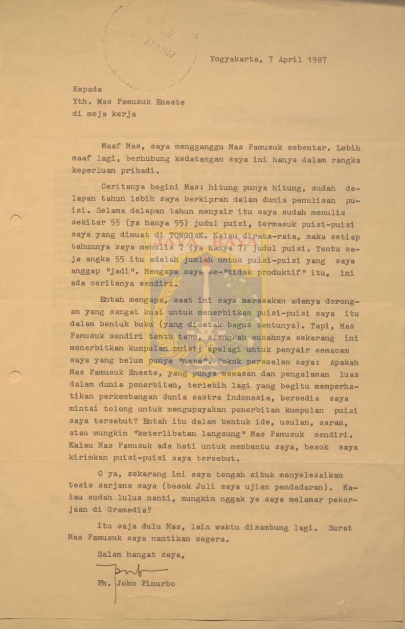 Surat-surat untuk Pamusuk Eneste dari Ph. Joko Pinurbo (7 April & 15 Oktober 1987)