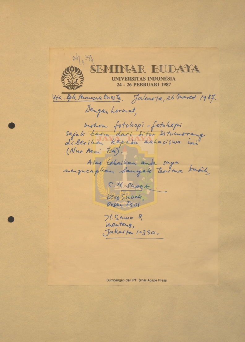Surat tulisan tangan untuk Pamusuk Eneste dari Kees Snoek (26 Maret 1987)
