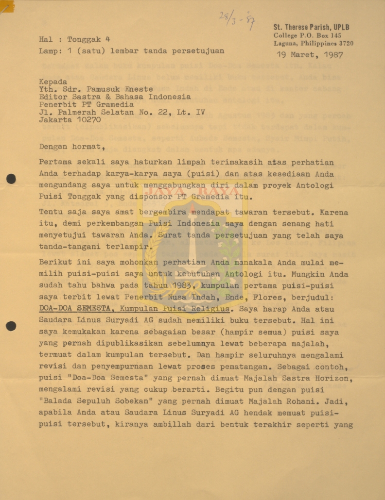 Surat untuk Pamusuk Eneste dari John Dami Mukese (19 Maret 1987)