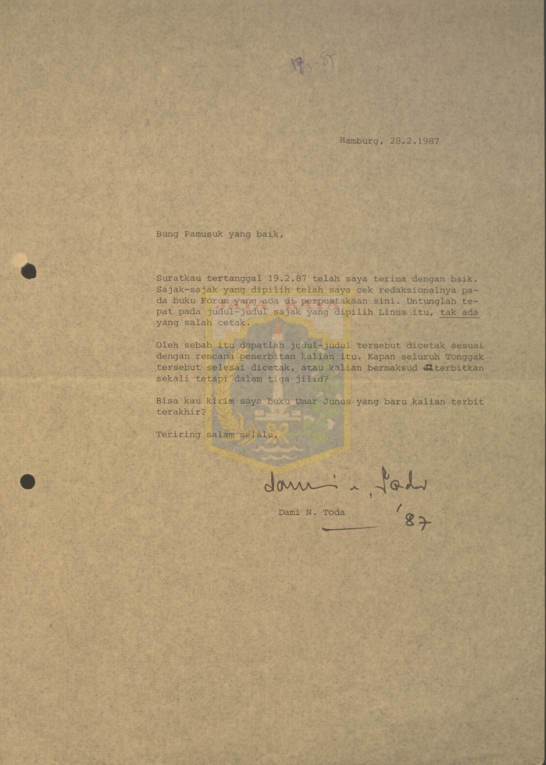 Surat untuk Pamusuk Eneste dari Dami N. Toda (28 Februari 1987)