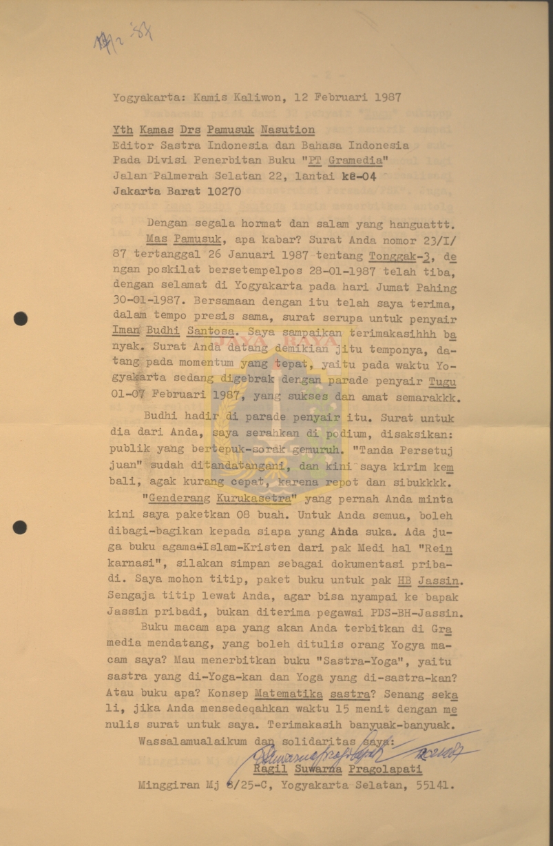 Kumpulan surat untuk Pamusuk Eneste dari Ragil Suwarna Pragolapati (11-12 Februari 1987)