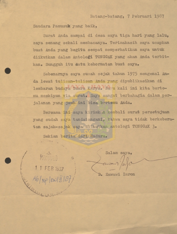 Surat untuk Pamusuk Eneste dari D. Zawawi Imron (7 Februari 1987)
