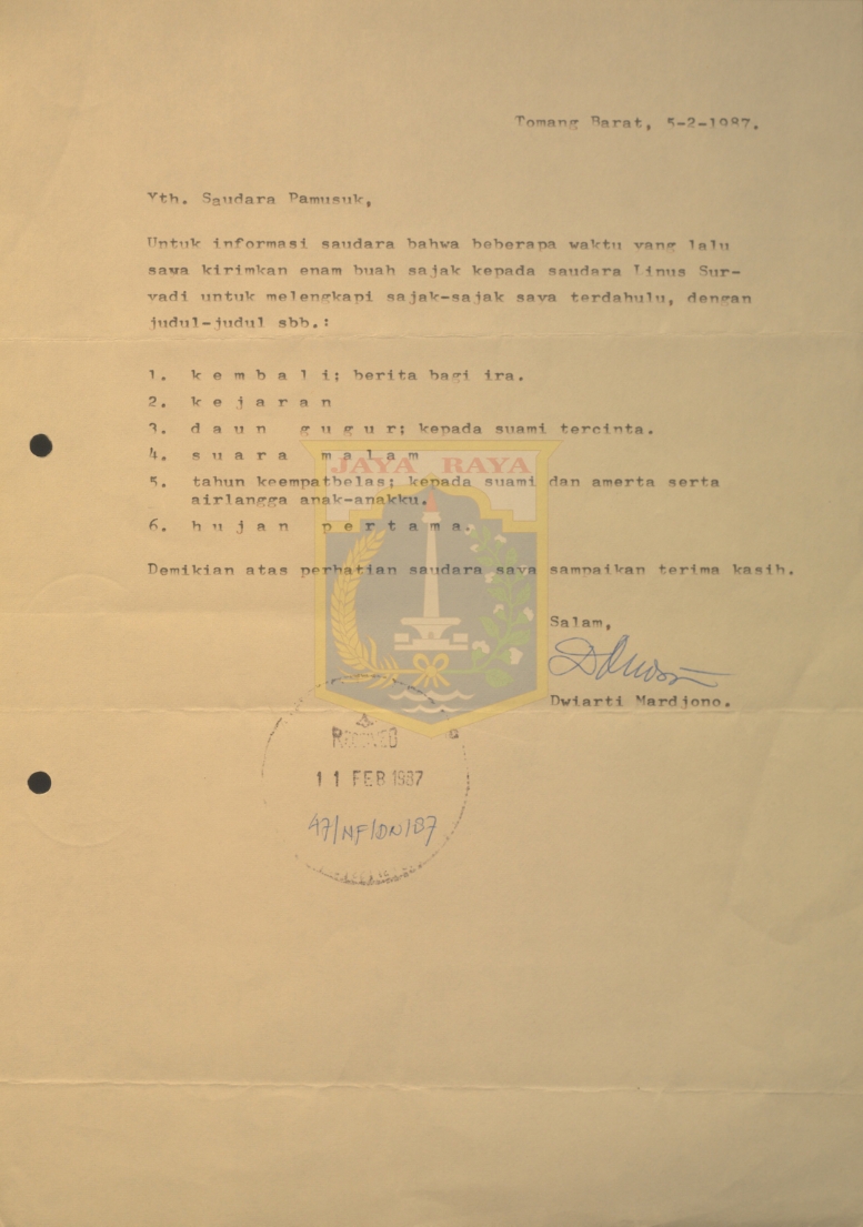 Surat untuk Pamusuk Eneste dari Dwiarti Mardjono (5 Februari 1987)