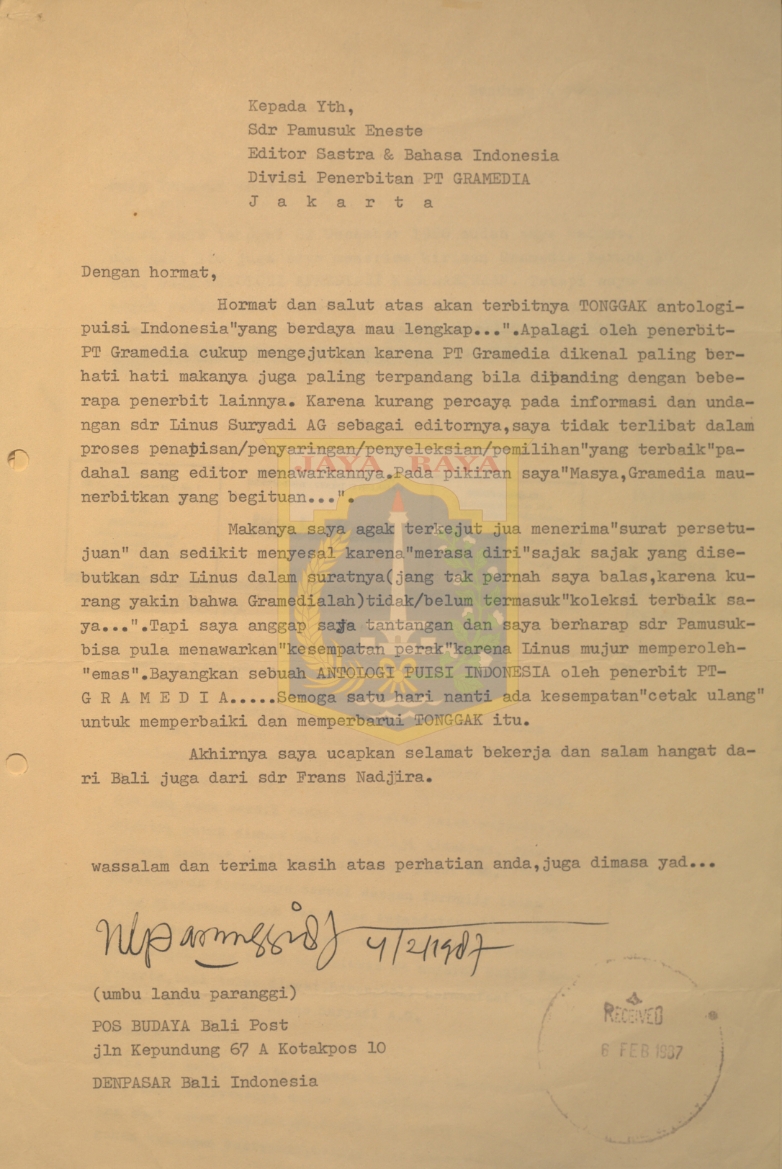 Surat untuk Pamusuk Eneste dari Umbu Landu Paranggi (6 Februari 1987)