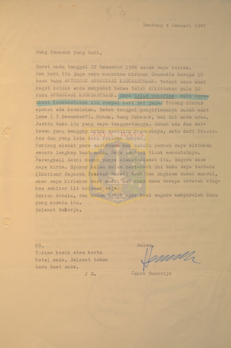 Surat-surat untuk Pamusuk Eneste dari Jakob Sumardjo (4 Januari & 2 Februari 1987)