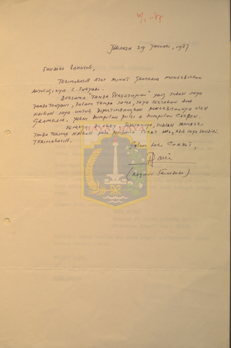 Surat tulisan tangan untuk Pamusuk Eneste dari Rayani Sriwidodo (29 Januari 1987)
