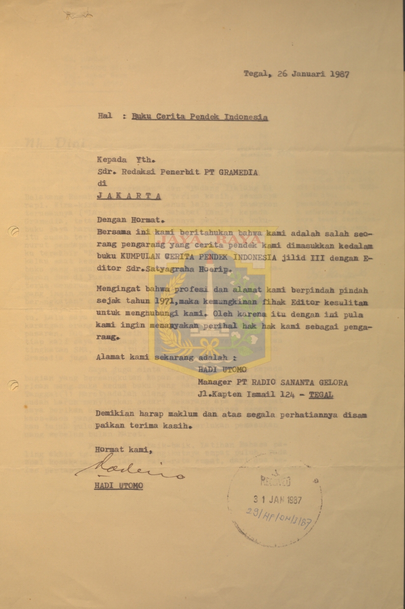 Surat untuk Redaksi Penerbit PT Gramedia dari Hadi Utomo (26 Januari 1987)