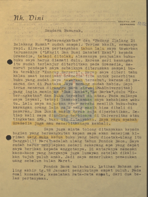 Surat untuk Pamusuk Eneste dari Nh. Dini (22 Januari 1987)