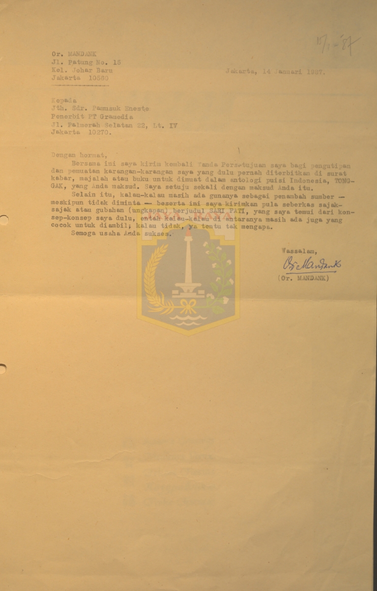 Surat untuk Pamusuk Eneste dari Or. Mandank (14 Januari 1987)