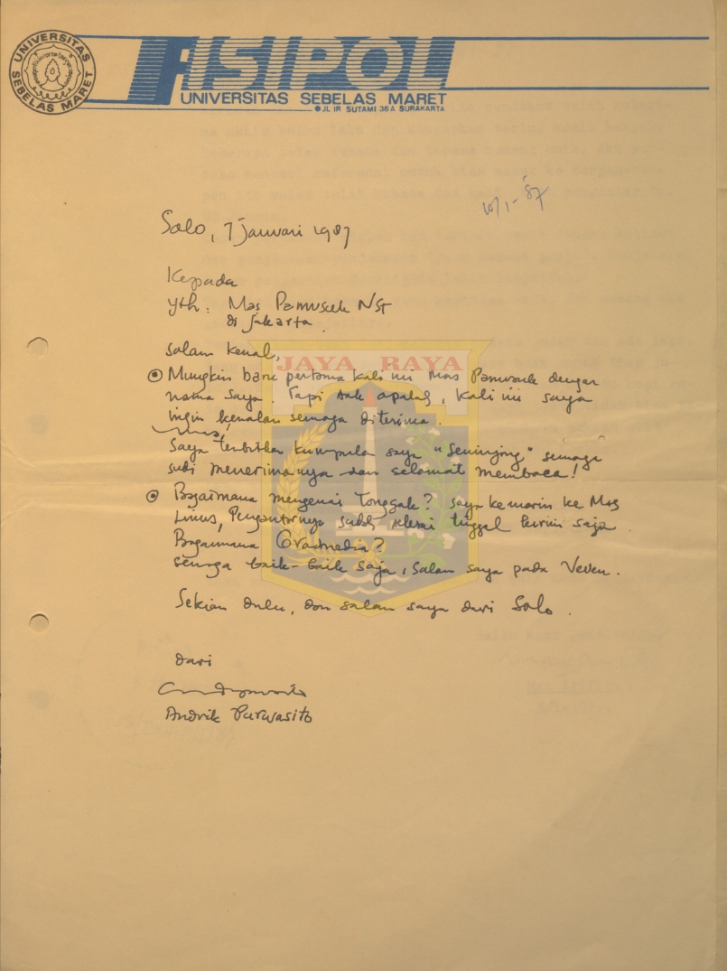 Surat tulisan tangan untuk Pamusuk Eneste dari Andrik Purwasito (7 Januari 1987)