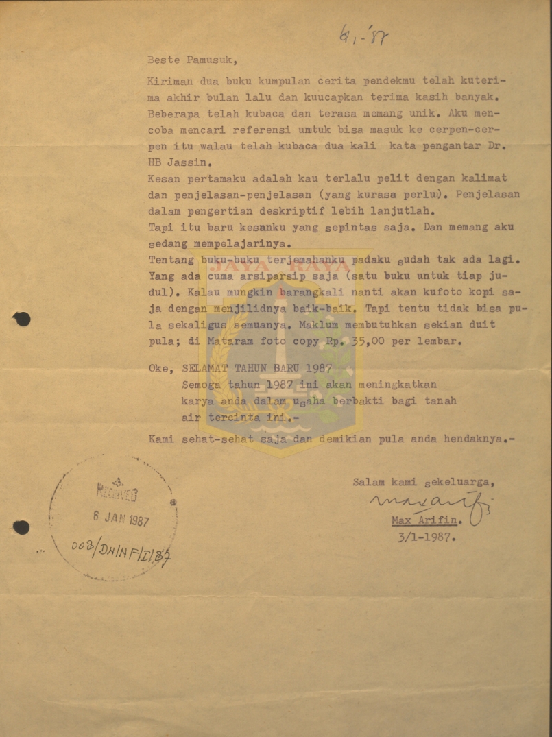 Surat untuk Pamusuk Eneste dari Max Arifin (3 Januari 1987)