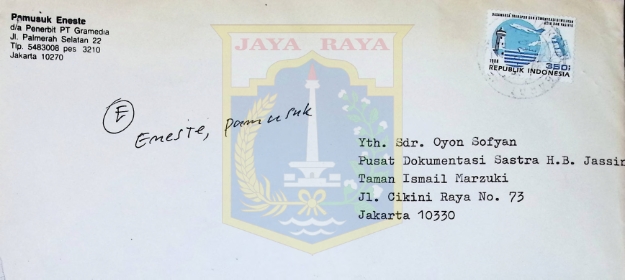 Surat Pamusuk Eneste untuk Oyon Sofyan (7 Januari 1989)