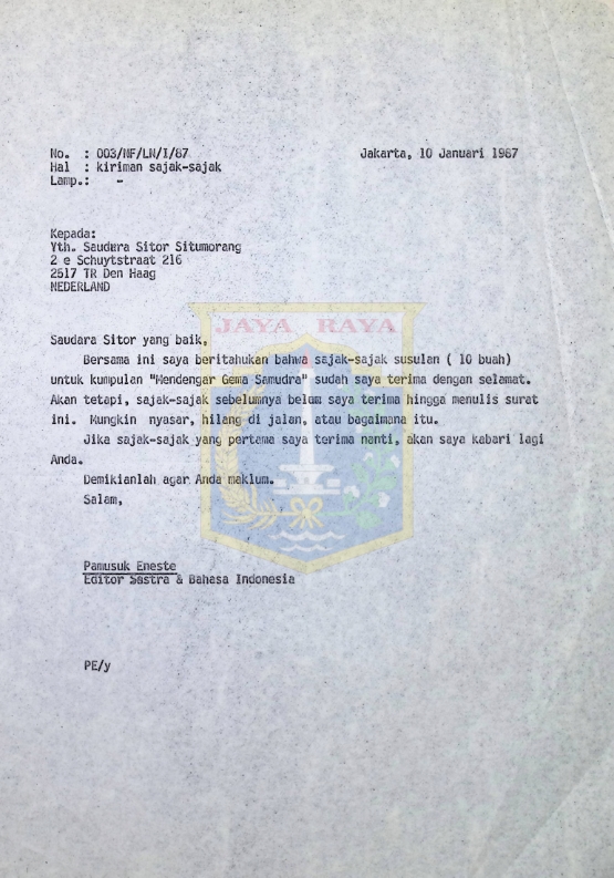 Kumpulan surat Pamusuk Eneste untuk Sitor Situmorang tahun 1987