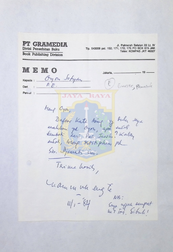 Kumpulan surat Pamusuk Eneste untuk Oyon Sofyan tahun 1984