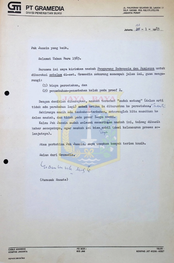 Surat-surat Pamusuk Eneste untuk HB Jassin tahun 1983