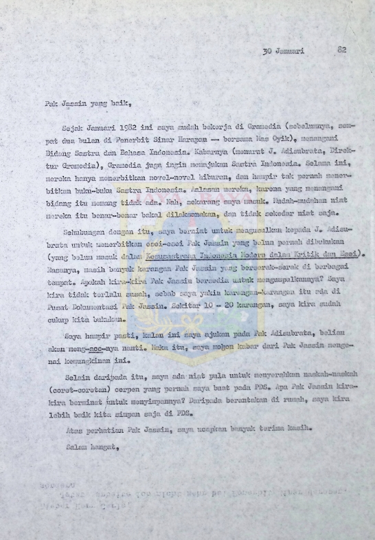 Kumpulan surat Pamusuk Eneste untuk HB Jassin tahun 1982