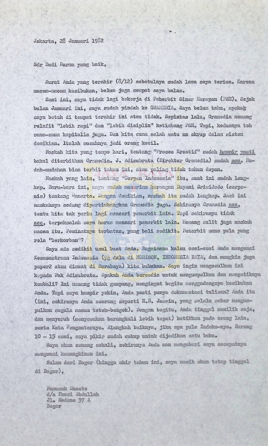 Kumpulan surat Pamusuk Eneste untuk Budi Darma tahun 1982
