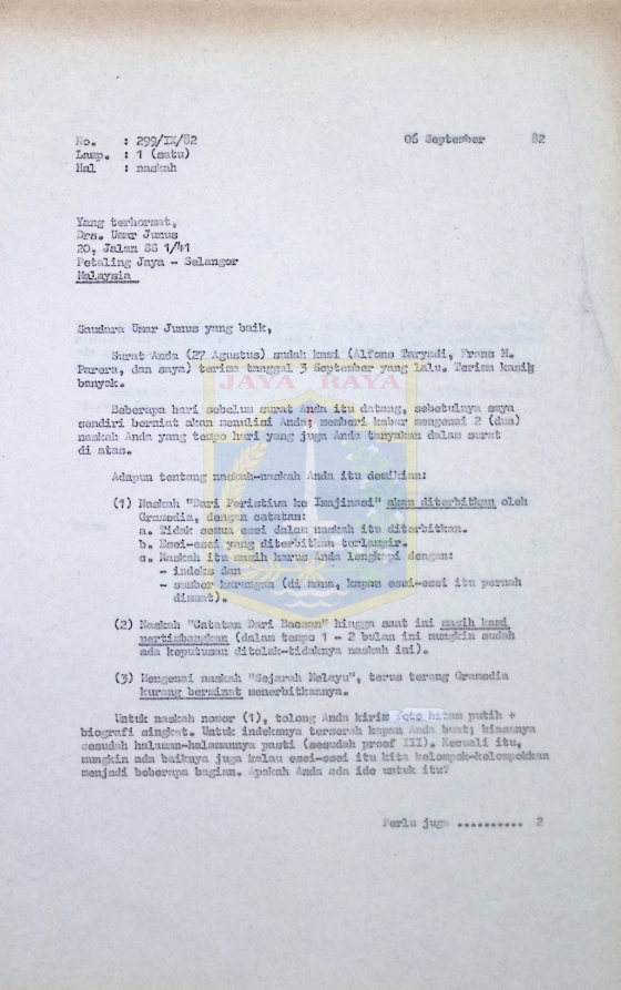 Kumpulan surat Pamusuk Eneste untuk Umar Junus tahun 1982