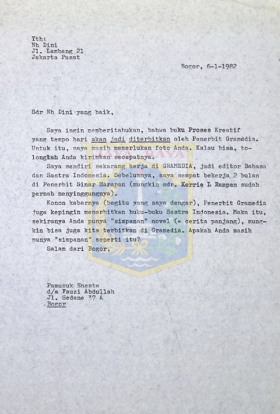 Kumpulan surat Pamusuk Eneste untuk Nh. Dini tahun 1982