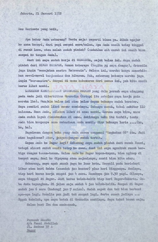 Kumpulan surat Pamusuk Eneste untuk Harianto tahun 1982