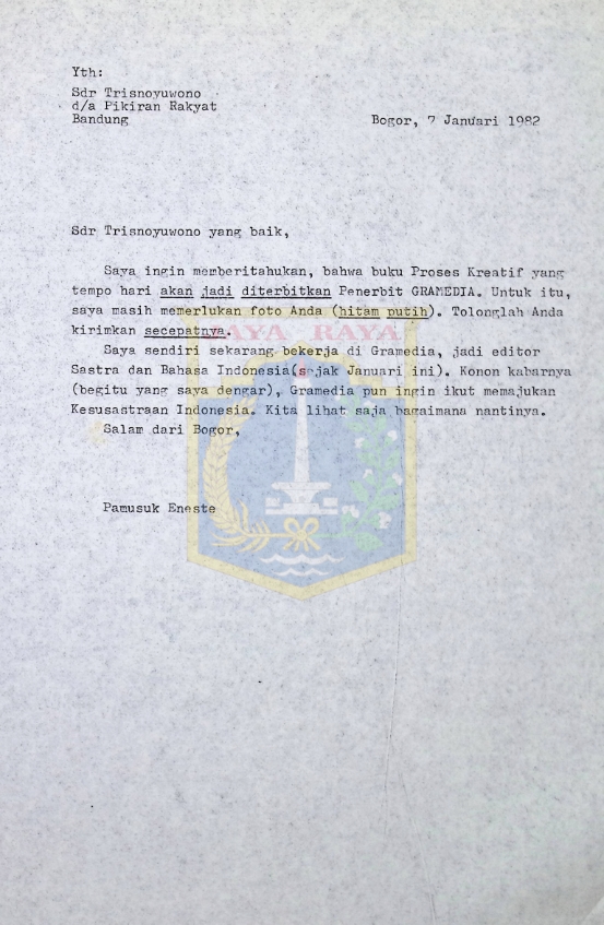 Surat-surat Pamusuk Eneste untuk Trisnoyuwono tahun 1982