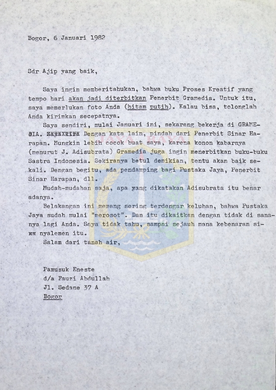 Kumpulan surat Pamusuk Eneste untuk Ajip Rosidi tahun 1982