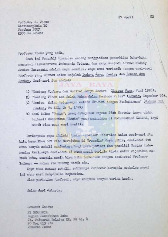 Surat Pamusuk Eneste untuk Redaksi "Horison" (23 November 1982)