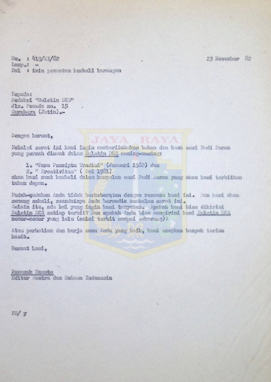 Surat Pamusuk Eneste untuk Redaksi "Buletin DKS" (23 November 1982)