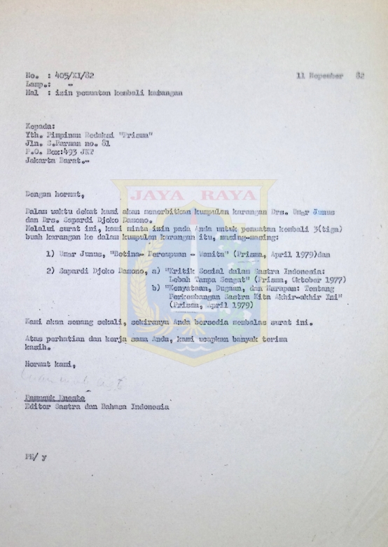 Surat Pamusuk Eneste untuk Pimpinan Redaksi "Prisma" (11 November 1982)