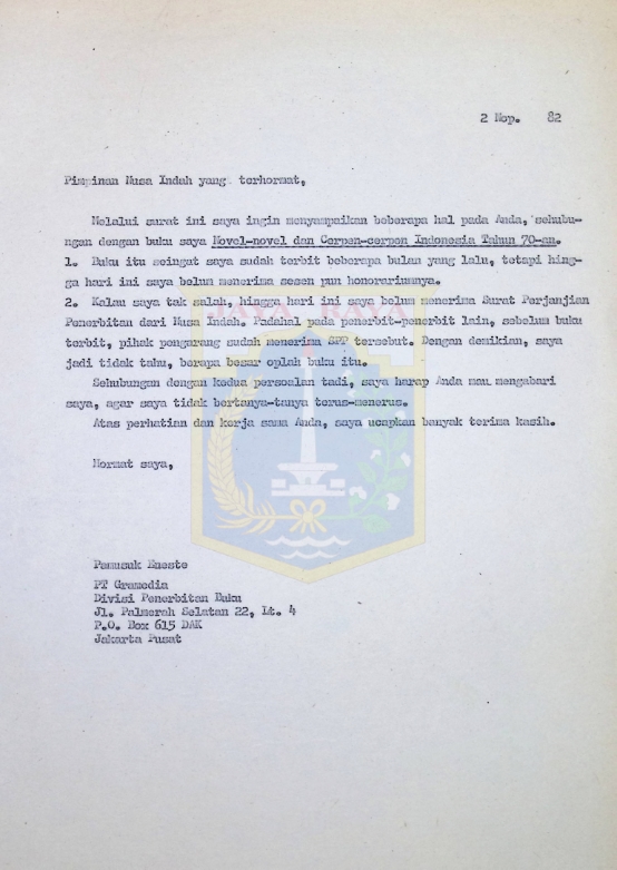 Surat Pamusuk Eneste untuk Pimpinan Nusa Indah (2 November 1982)
