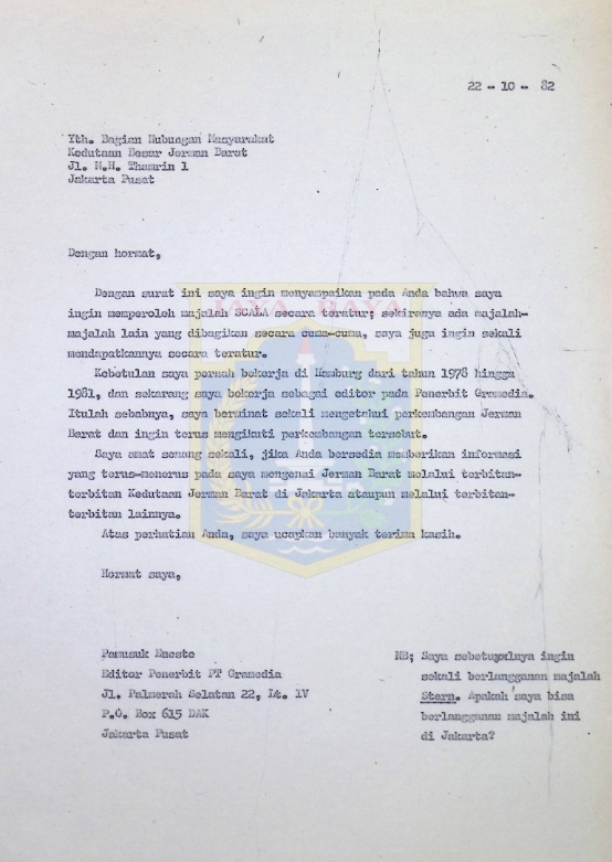 Surat Pamusuk Eneste untuk bagian hubungan masyarakat Kedutaan Besar Jerman Barat (22 Oktober 1982)