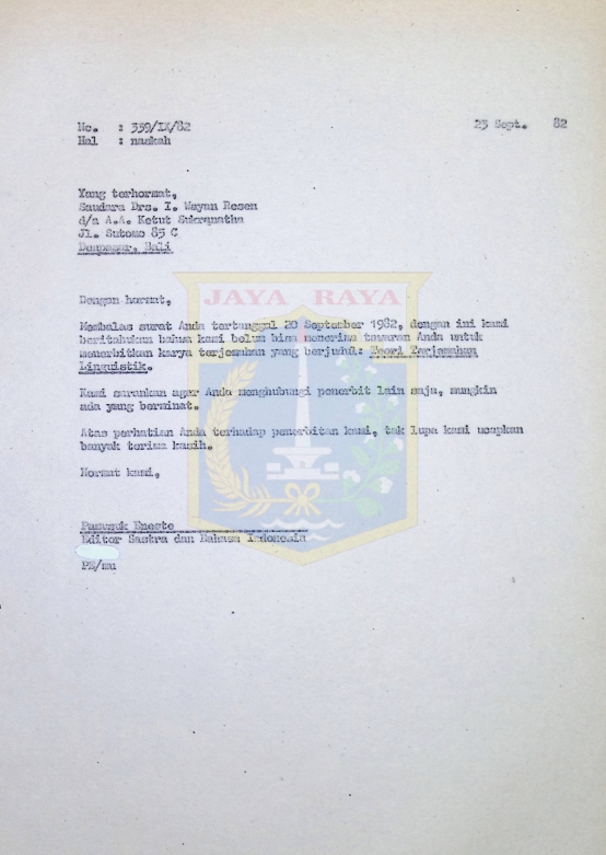 Surat Pamusuk Eneste untuk I. Wayan Resen (23 September 1982)