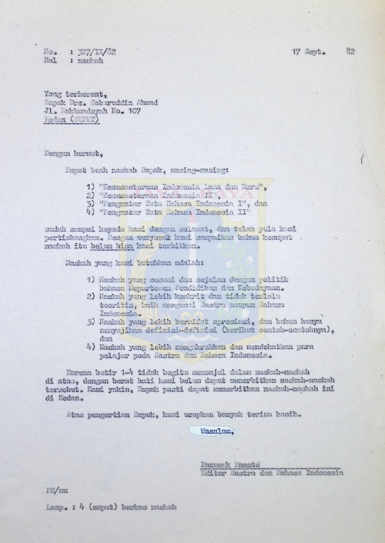 Surat-surat Pamusuk Eneste untuk Sabaruddin Ahmad tahun 1982