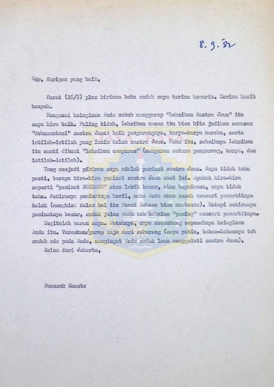 Surat Pamusuk Eneste untuk Suripan (8 September 1982)