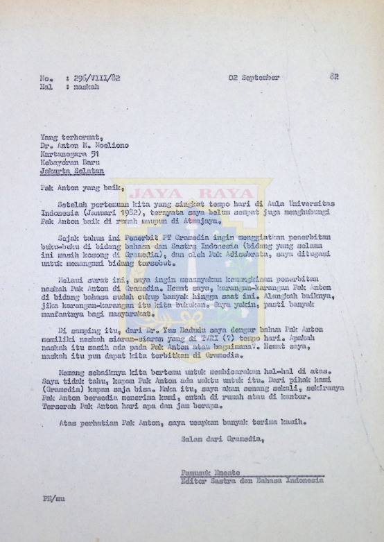 Surat Pamusuk Eneste untuk Anton M. Moeliono (2 September 1982)