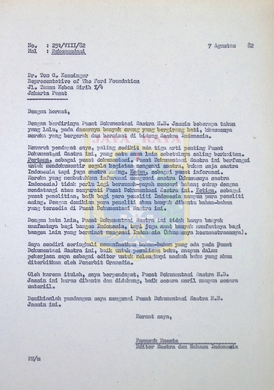 Surat Pamusuk Eneste untuk Tom G. Kessinger (7 Agustus 1982)