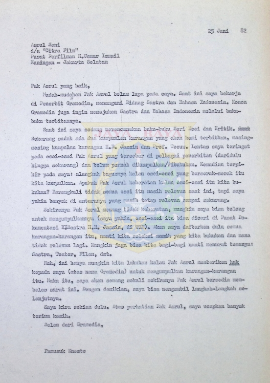 Surat Pamusuk Eneste untuk Asrul Sani (25 Juni 1982)