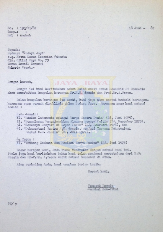 Surat Pamusuk Eneste untuk Redaksi "Budaya Jaya" (18 Juni 1982)