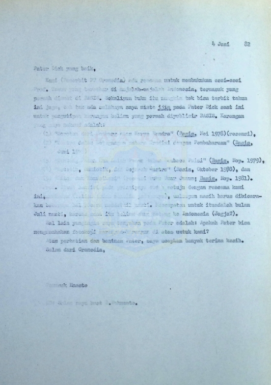 Surat Pamusuk Eneste untuk Pater Dick (4 Juni 1982)