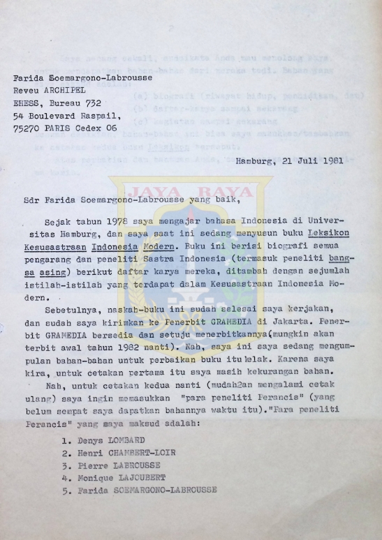 Surat Pamusuk Eneste untuk Farida Soemargono - Labrousse (21 Juli 1981)