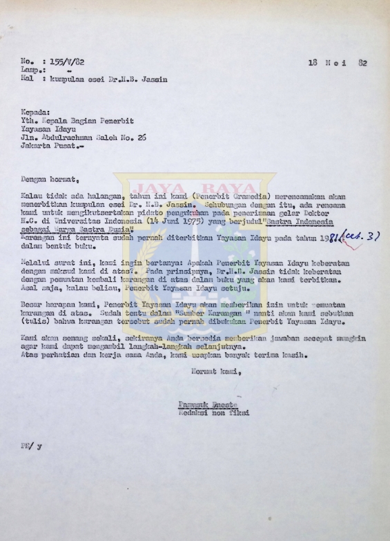 Surat Pamusuk Eneste untuk Kepala Bagian Penerbit Yayasan Idayu (18 Mei 1982)