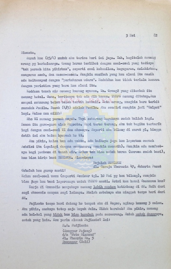 Surat Pamusuk Eneste untuk Riwanto (3 Mei 1982)