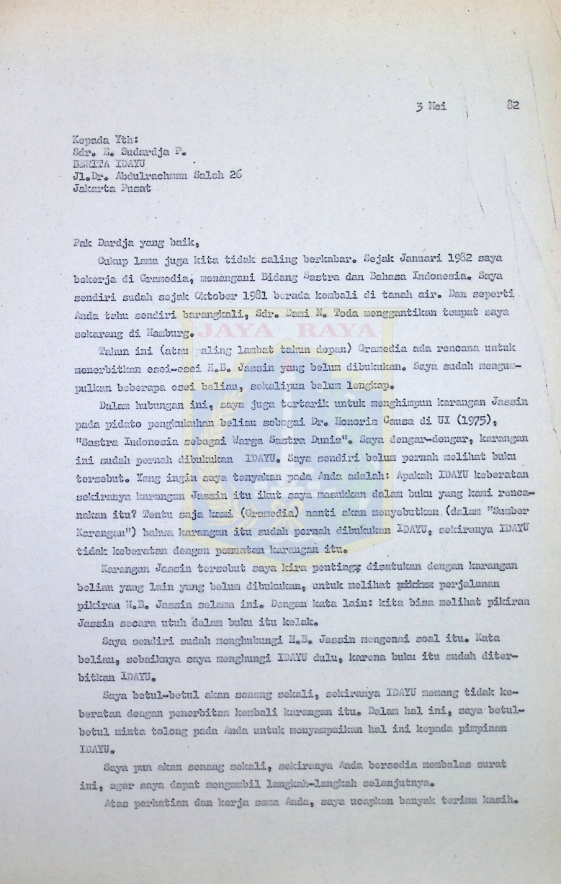 Surat Pamusuk Eneste untuk E. Sudardja P. (3 Mei 1982)
