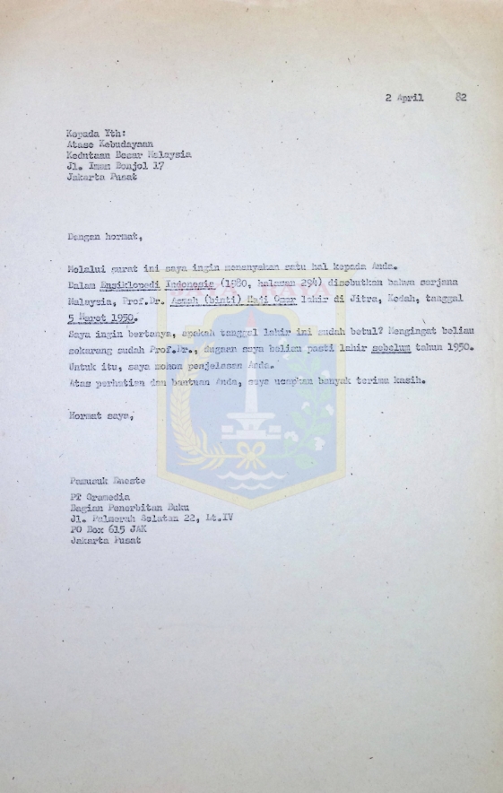Surat Pamusuk Eneste untuk Atase Kebudayaan Kedutaan Besar Malaysia (2 April 1982)
