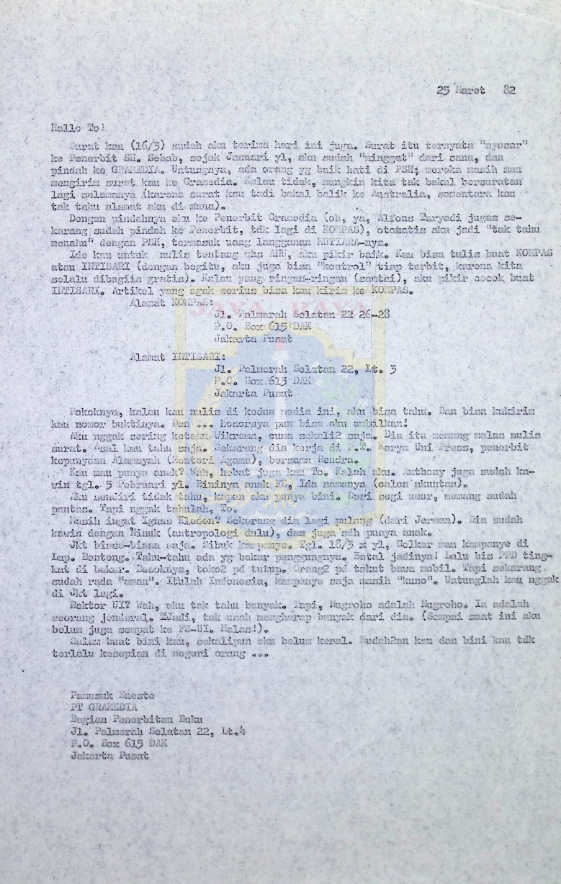 Surat Pamusuk Eneste untuk To (25 Maret 1982)