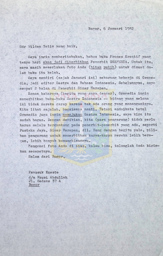 Kumpulan surat Pamusuk Eneste untuk Wildan Yatim tahun 1982