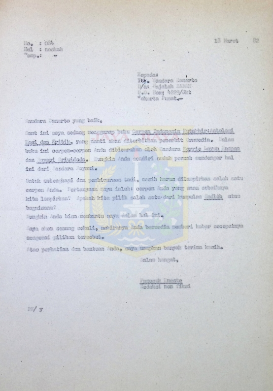 Surat Pamusuk Eneste untuk Danarto (18 Maret 1982)