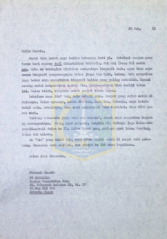 Surat Pamusuk Eneste untuk Korrie (24 Februari 1982)